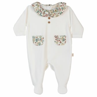 Ivory velours flowery pyama with frilly collar &amp; pockets 1m